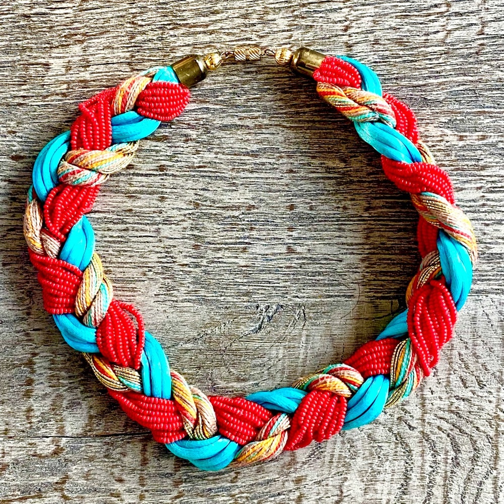 Vintage multiple material braided thread statement necklace 80's retro colorful